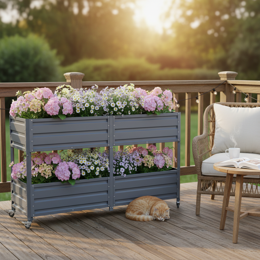 Dual Tier Elevated Metal Raised Garden Bed with Lockable Wheels, Staggered 2-Layer Raised Planter Box for Vegetables Herbs Flowers, Outdoor Patio Backyard Green Planting Bed,Grey image 1