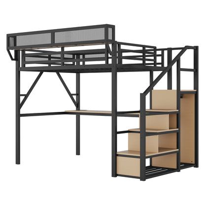 Full Loft Bed with Desk and Charging Station, Full Size Metal Loft Bed with Stairs and Light for Kids Teens, Black, Patent Products image 8