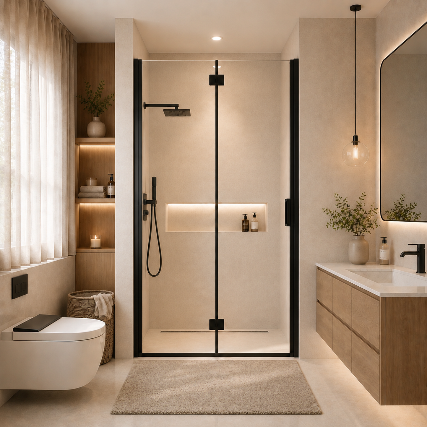 Semi-Frameless Folding Pivot Hinged Shower Door 34-35.2 in. W x 72 in. H,1/4" (6mm) Tempered Glass,Bathroom Bifold Panel, Reversible Installation,Matte Black image 1