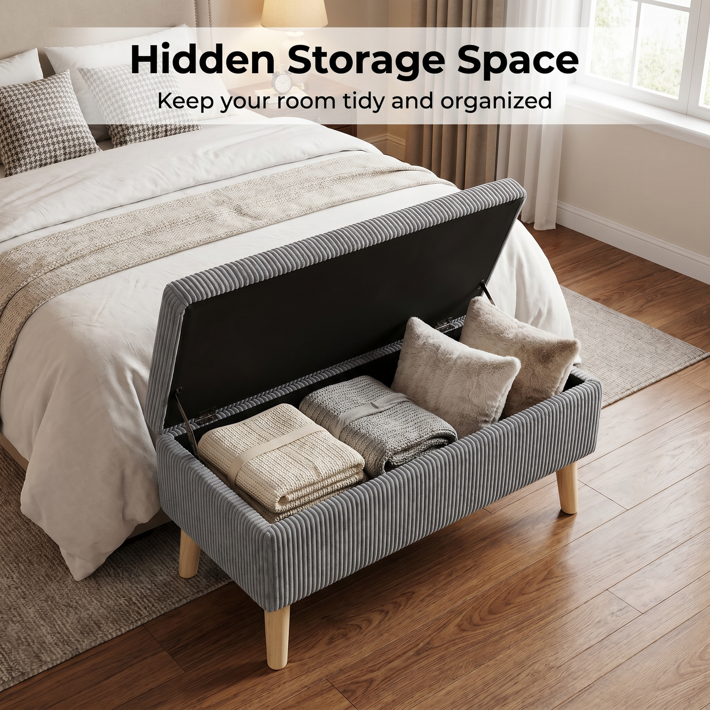 32 inch Wide Olive Grey Corduroy Storage Ottoman Bench with Wooden Legs, Flip-Top Storage Box, Soft Upholstered End of Bed Bench, Footrest & Shoe Bench for Bedroom, Living Room, Entryway image 5