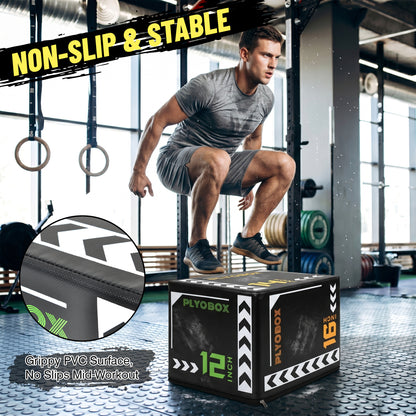 3-in-1 Foam Plyometric Jump Box, 12/14/16 Inch Multi-Height Soft Plyo Box, High-Density EPE Core with Non-Slip PVC Cover, for Beginners, Kids, Home Gym & Rehab Training image 10