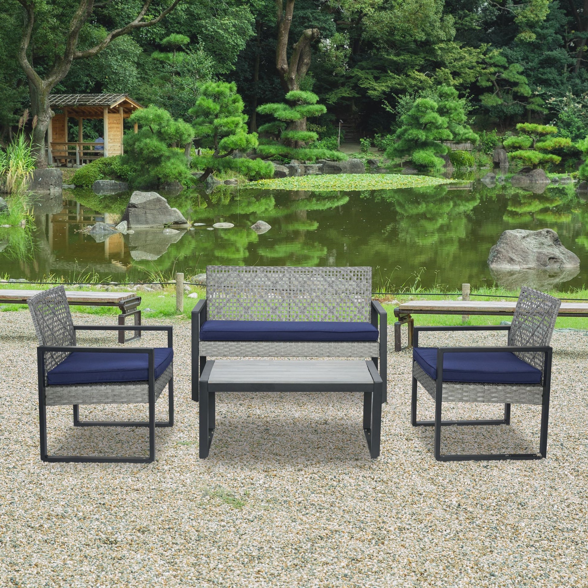 4-Piece Patio Furniture Set Outdoor Balcony Porch Garden Backyard Lawn Furniture Gray Acacia Wood Table Top, Blue Cushion and Light Gray rattan image 1