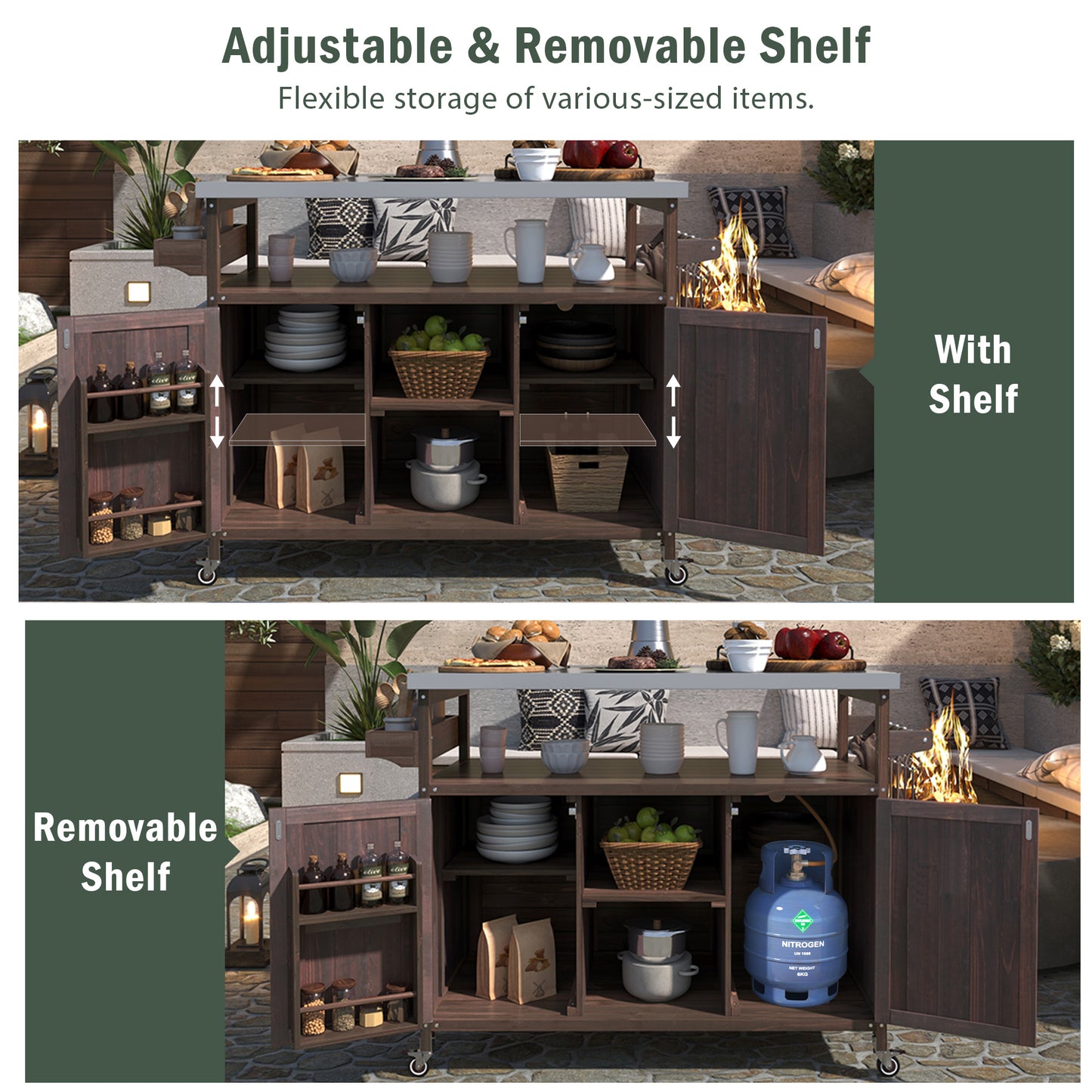 K&K Outdoor Kitchen Island, Rolling Bar Cart & Storage Cabinet, Farmhouse Solid Wood Outdoor Grill Table with Stainless Steel Top, Spice Rack, Towel Rack for Kitchen & Barbecue, Dark Brown image 5