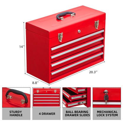 Metal Tool Box with 4 Drawers Portable Steel Tool Chest with Metal Cylinder Lock and Latch Closure, Liner, Red Powder coating, suitable for Garage, Warehouse and Outdoor Repair job-Red image 6
