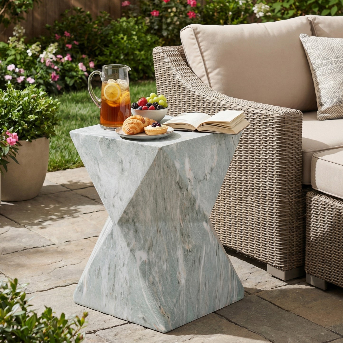 18.5"H Modern Geometric MGO Side Table, Hourglass Accent Table with Faux Marble Finish - Weather Resistant End Table for Indoor and Outdoor Use, Living Room, Bedroom & Patio, Green Marble image 1