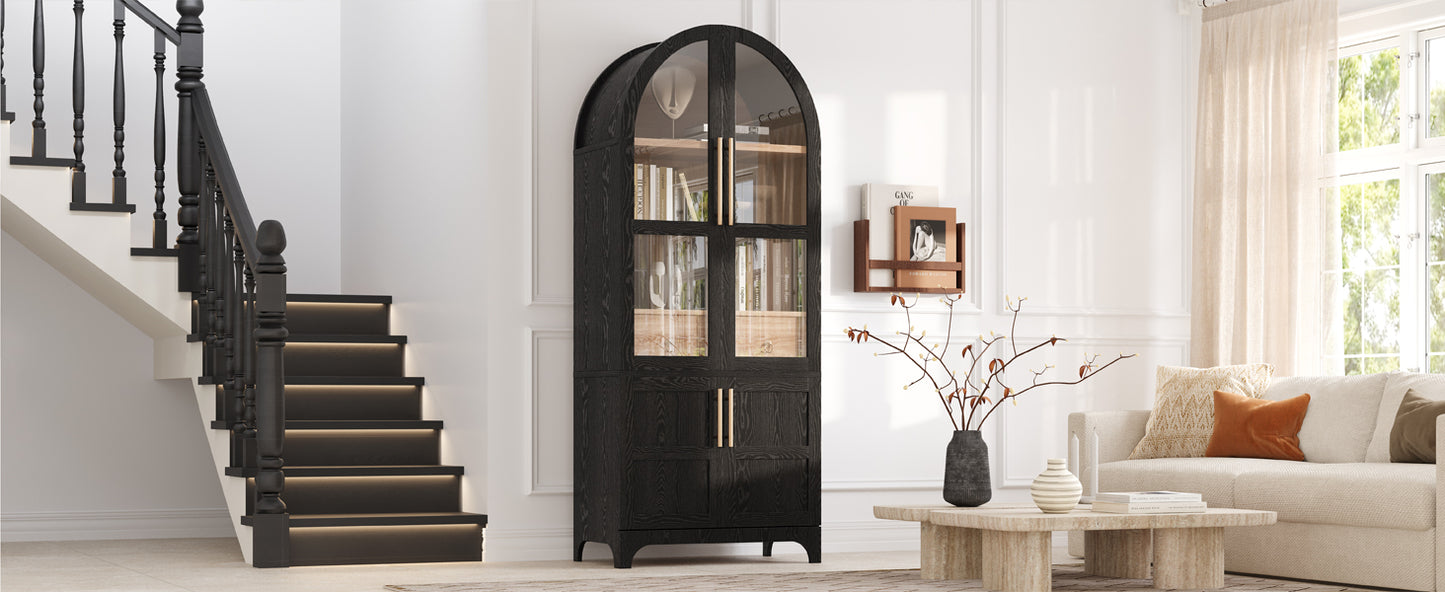 K&K 71" Tall Arched Kitchen Pantry Cabinet with Door Shelves, Farmhouse Kitchen Storage Cabinet with Open & Adjustable Shelves, Hidden Drawer & Glass Door, Cupboard for Kitchen, Dining Room, Black image 5