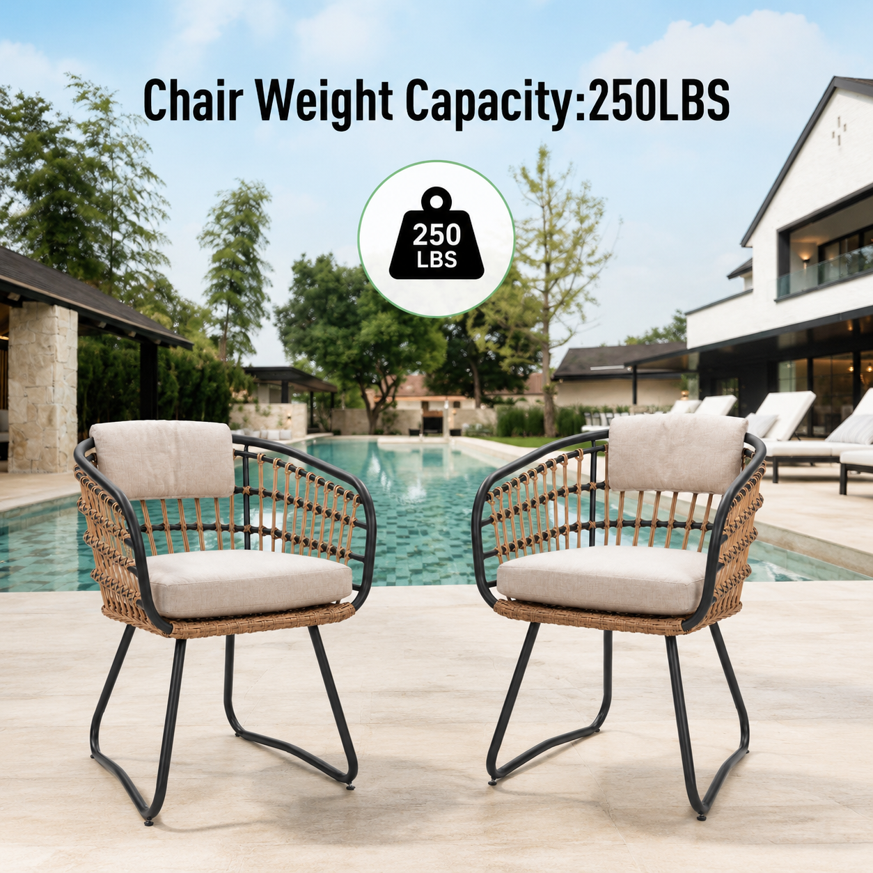 Outdoor Wicker Dining Chairs Set of 2, Patio Dining Chairs with Cushions, Rattan Dining Armchairs for Lawn, Garden, Poolside, Backyard, Porch, Beige image 3