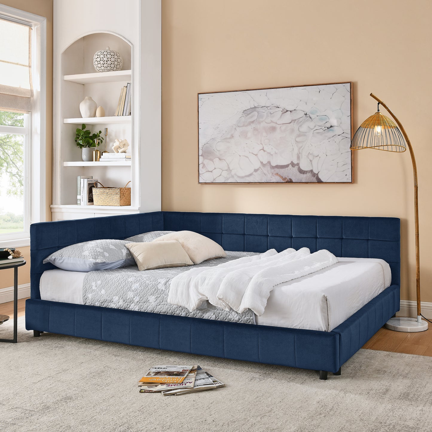 Queen Size Upholstered Tufted Bed Frame, Sofa Bed Frame with Comfortable Backrest and Armrests, Queen Size Bed for Bedroom, Living Room,Velvet, DARK BLUE(85.5''*64.5''*30.5'') image 1