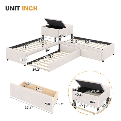 L-shaped Upholstered Platform Bed with Trundle and Two Drawers Linked with built-in Desk,Twin,Beige image 4