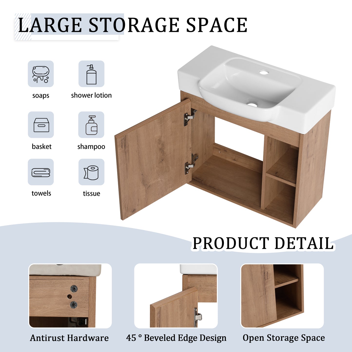 24'' Wall-Mounted Bathroom Vanity with White Ceramic Sink & Soft-Close Door, KD-Packing image 2
