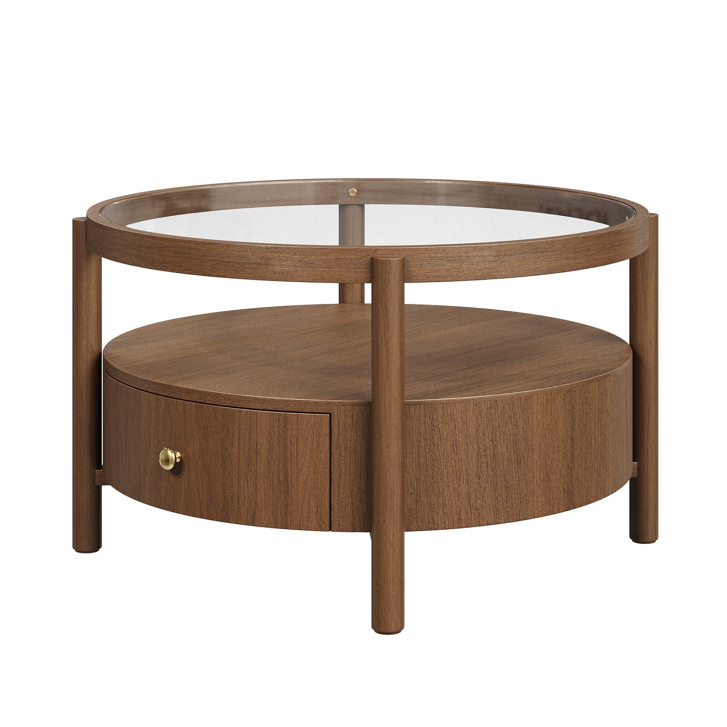 Solid Wood Round Glass Top Coffee Table with Storage Drawer, 2-Tier Mid Century Modern Circular Center Table, Walnut Wooden Cocktail Table for Living Room image 8