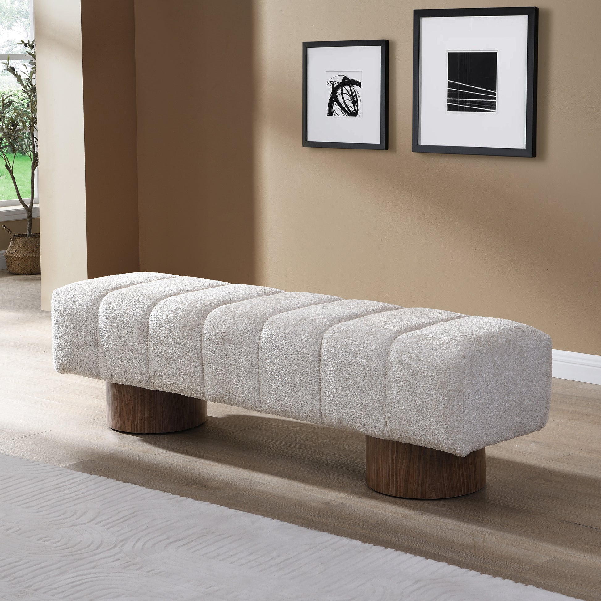 Upholstered Dining Bench for Dining Room, No-Assembly End of Bed Entryway Bench Ottoman for Bedroom Living Room, Beige Faux Fur Fabric, 300 LBS Weight Capacity image 1