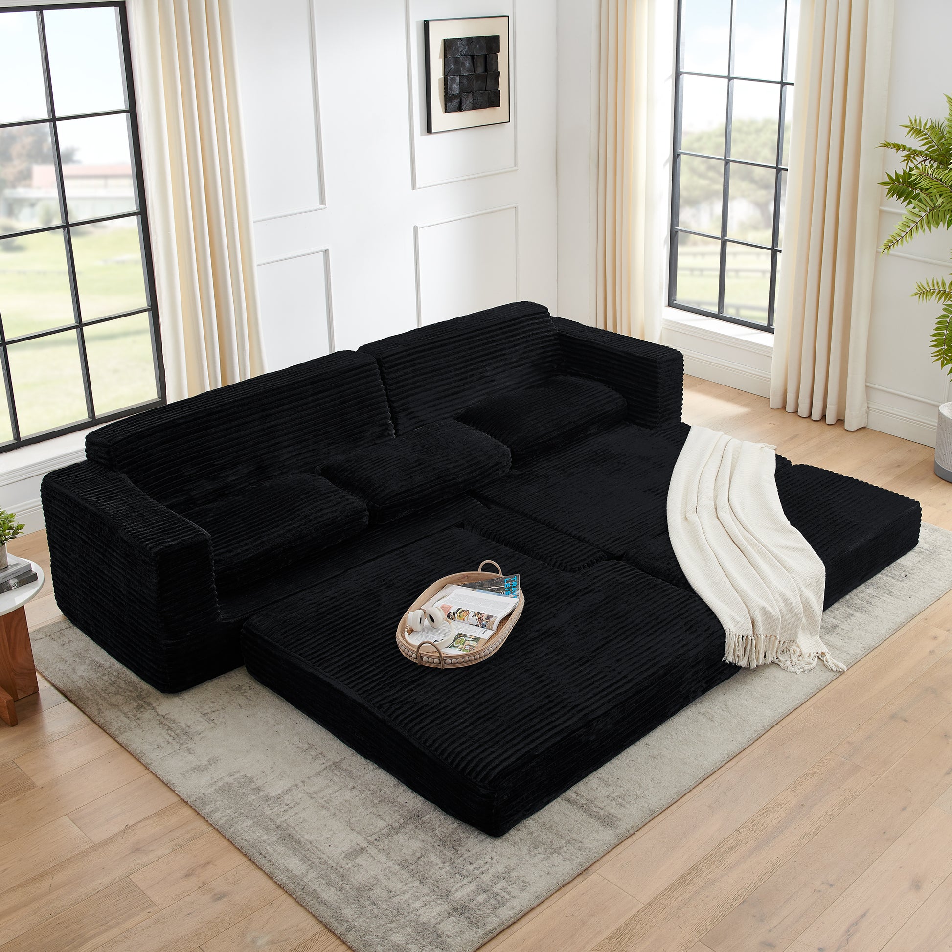 Left sofa seat,L shape Modular Sectional Sofa, Compressed Sectional Sofa Modern Minimalist Style Corduroy Couch,Unfold into a bed, Bedroom, Comfy Compressed Sofa Couch Space-Efficient Design-black image 4