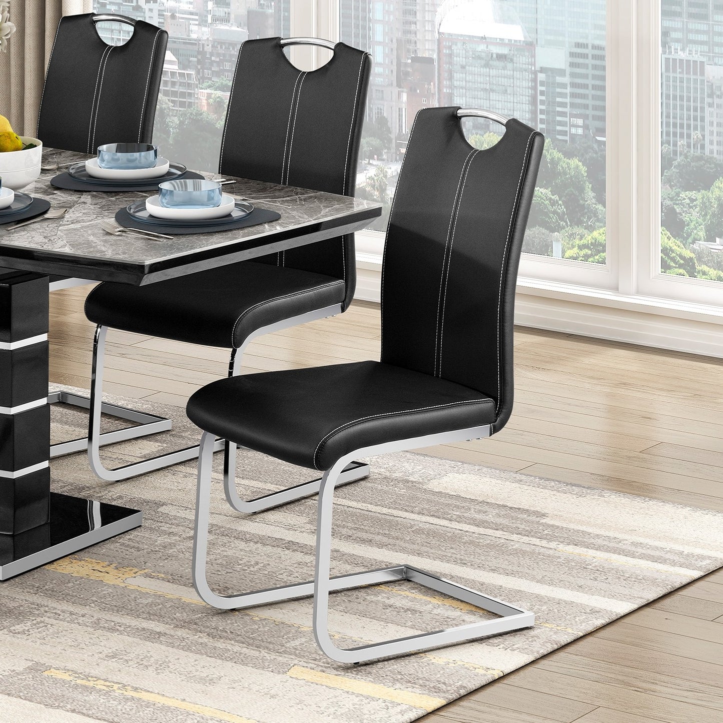 Modern Glam Dining Side Chairs Set of 2 Black Faux Leather Upholstery Chrome Finish Metal Legs Dining Room Furniture image 1