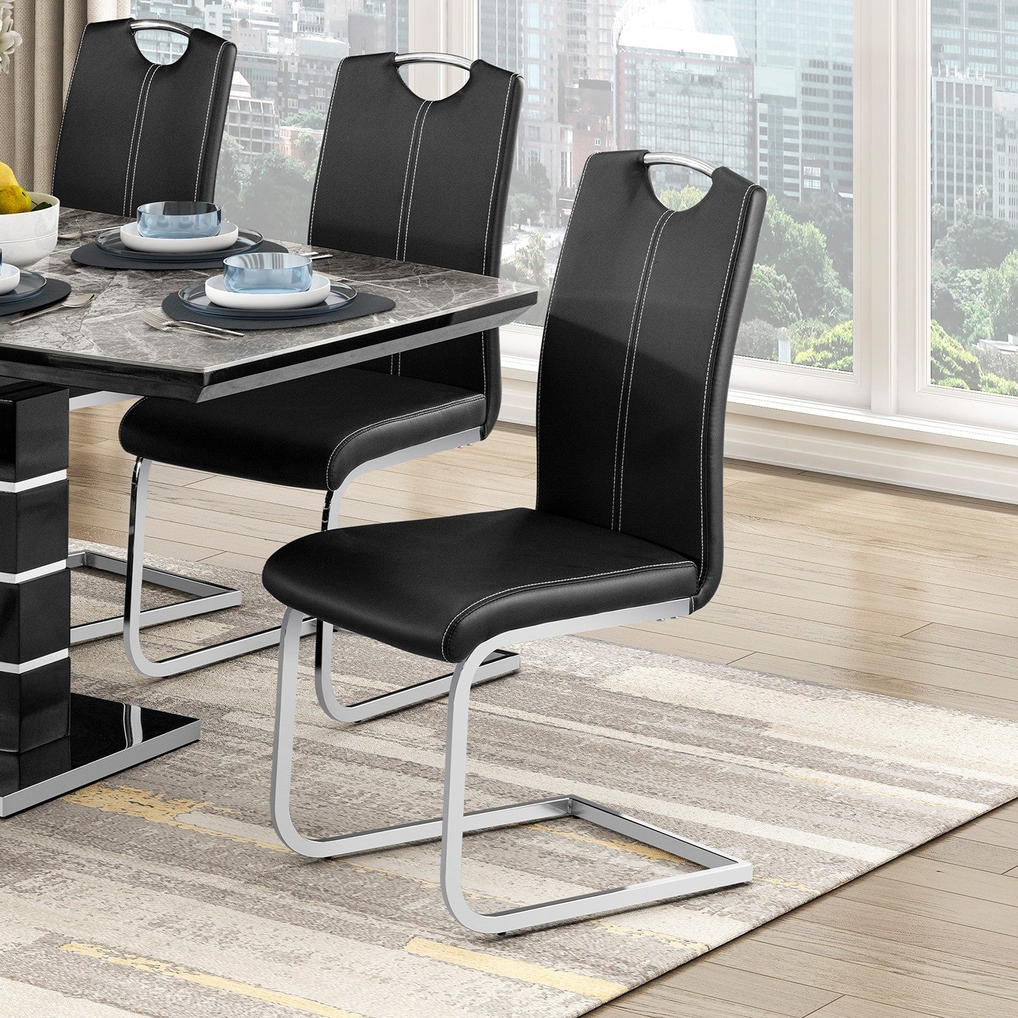 Modern Glam Dining Side Chairs Set of 2 Black Faux Leather Upholstery Chrome Finish Metal Legs Dining Room Furniture image 1