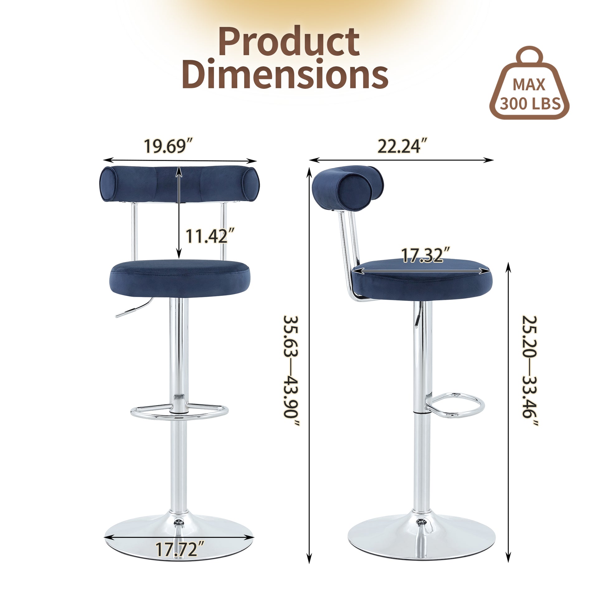 Soft Velvet Upholstered Swivel Adjustable Bar Chair with Chrome Silver Legs - Dining Room Living Room Bar Cafe Reception Desk Bar Stool(Dark Blue, Set of 2) image 3