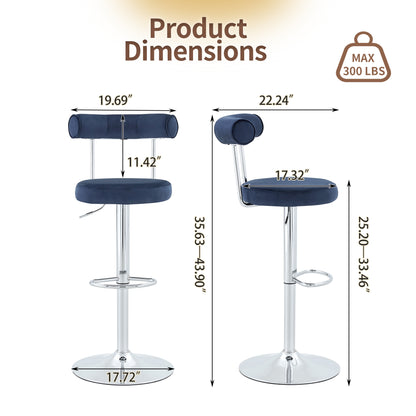 Soft Velvet Upholstered Swivel Adjustable Bar Chair with Chrome Silver Legs - Dining Room Living Room Bar Cafe Reception Desk Bar Stool(Dark Blue, Set of 2) image 3