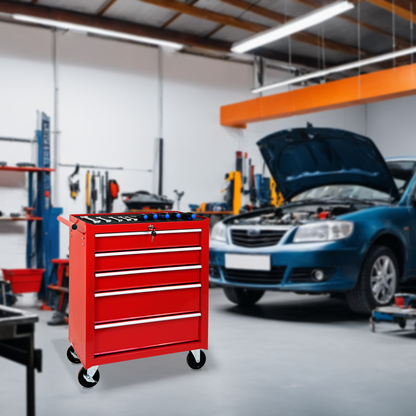 5-Drawer Rolling Tool Chest w/Lock & Key, Tool Storage Cabinet with Wheels, Top Cushion & Drawer Liners, Tool Organizer Box for Garage, Warehouse & Repair Shop-RED image 3