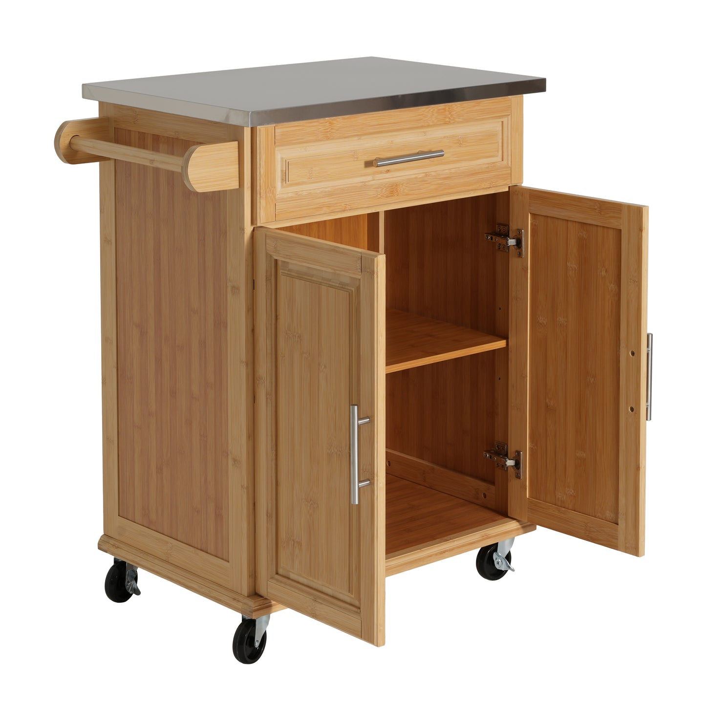 Indoor Compact Bamboo Rolling Kitchen Cart with Stainless Steel Top – Mobile Storage Island with Drawer & Cabinet for Small Spaces image 11