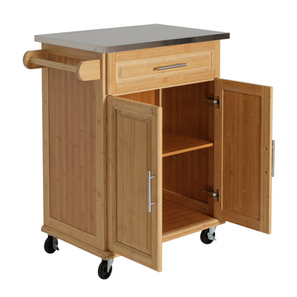 Indoor Compact Bamboo Rolling Kitchen Cart with Stainless Steel Top – Mobile Storage Island with Drawer & Cabinet for Small Spaces image 11