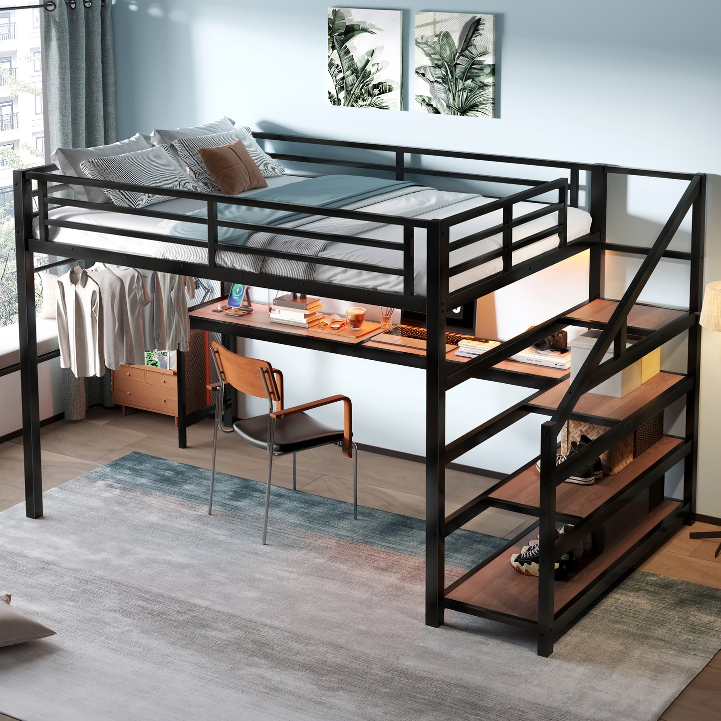 Queen Loft Bed with Desk and Storage Stairs, Metal Loft Beds with LED Lights, USB Ports, Multifunctional Iron Nets, No Spring Box Needed and Noise-free, Black image 3