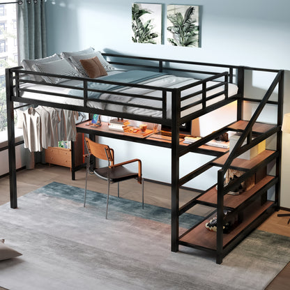 Queen Loft Bed with Desk and Storage Stairs, Metal Loft Beds with LED Lights, USB Ports, Multifunctional Iron Nets, No Spring Box Needed and Noise-free, Black image 3