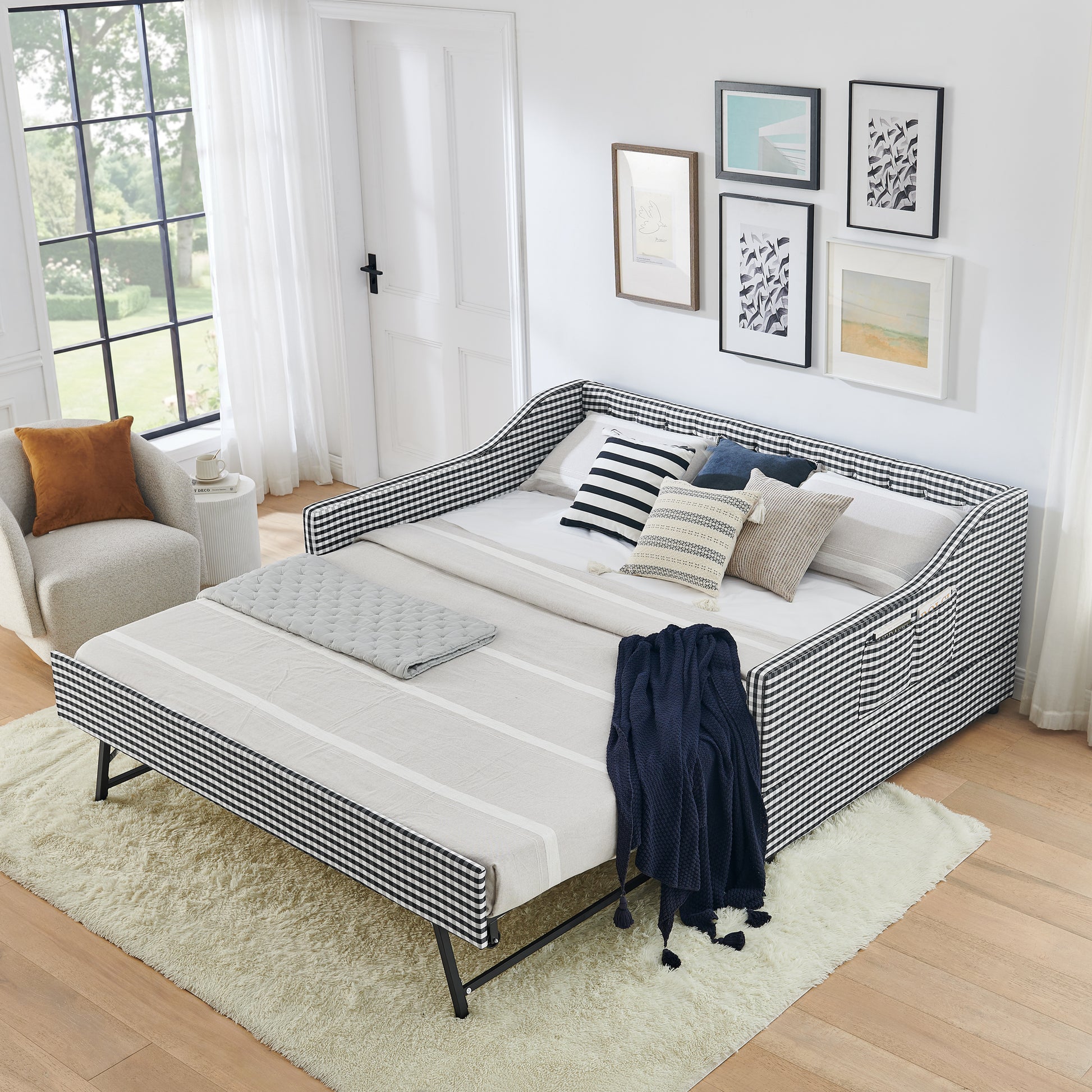 Full‑Size Daybed,Upholstered Convertible Daybed with Tufted Button Backrest, 3‑in‑1 Versatile Sofa Bed with Pull‑Out Trundle & Side Storage, Perfect for Compact Living-Black image 4
