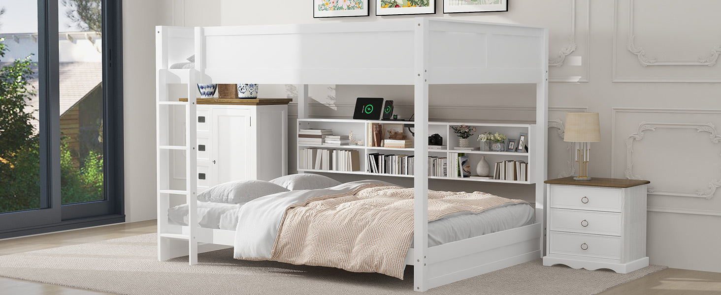 Queen over Queen Bunk Bed with Storage Cabinets and USB Ports, White image 8