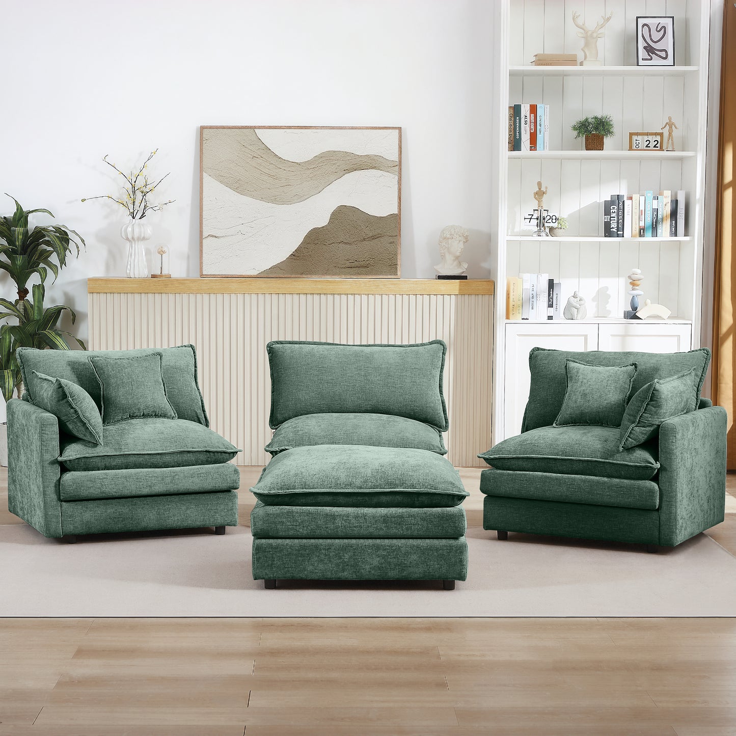 Modular Sectional Sofa, 102 Inch L Shaped Couch Set for Living Room, 3-Seater Comfy Cloud Couches with Movable Ottoman, DIY Combination, Chenille, Mint Green image 4