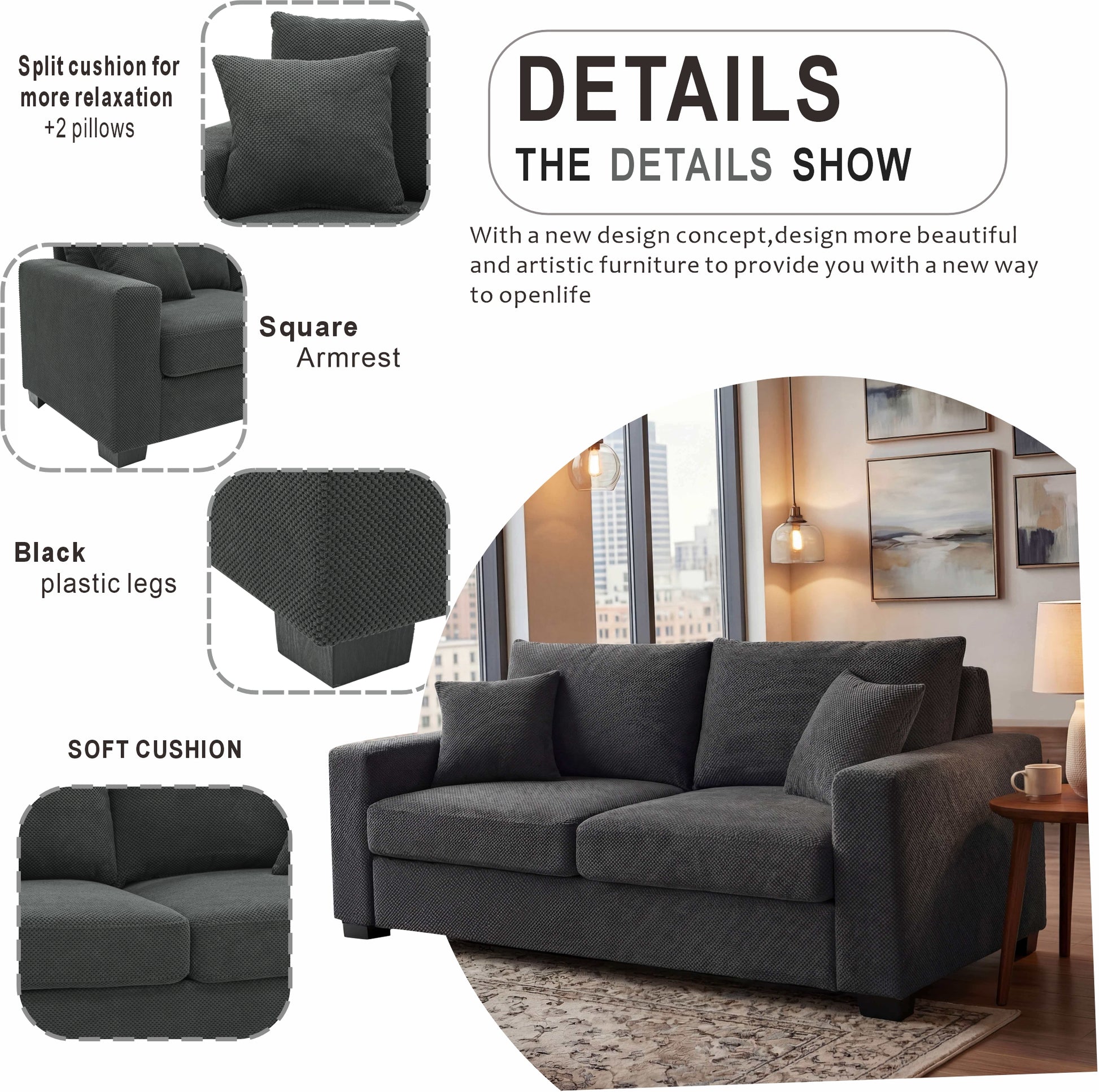69-inch two-seater Sofa with Textured Fabric, Comfortable Upholstered Couch with 2 Throw Pillows and Sturdy Plastic Legs for Living Room, Apartment, Office, Dark Grey image 4