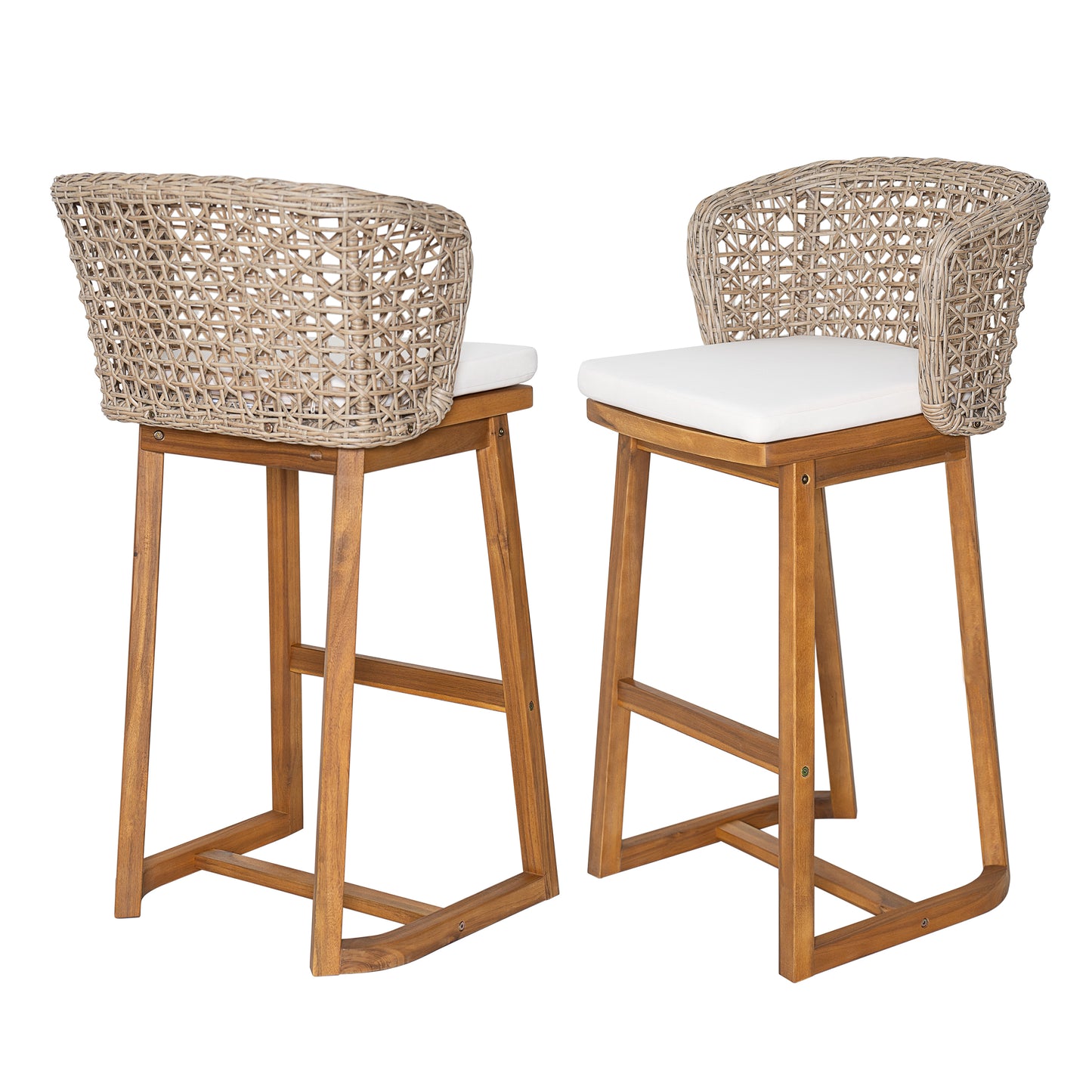 Outdoor Acacia Wood Bar Stools (Set of 2), Teak Finish Bar Height Chairs with Beige Cushion & Light Brown Wicker Back, Counter Height Stools for Patio, Poolside, Kitchen Island image 6