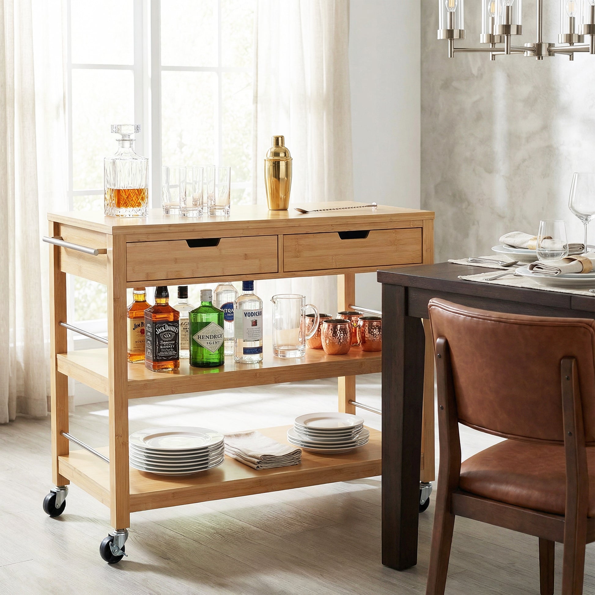 Indoor Multifunctional Natural Bamboo Bar Cart with Locking Wheels, Drawers, and Open Shelves - Ideal for Kitchen, Dining, and Entertaining image 3