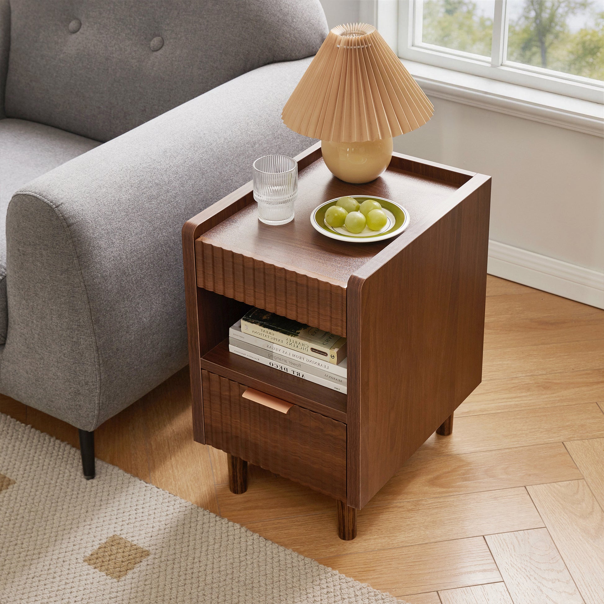 Walnut Brown Fluted Wood Nightstands with Drawer and Open Storage, 2 Pack Modern Bedroom Bedside Side End Tables for Living Room Home Decor image 4