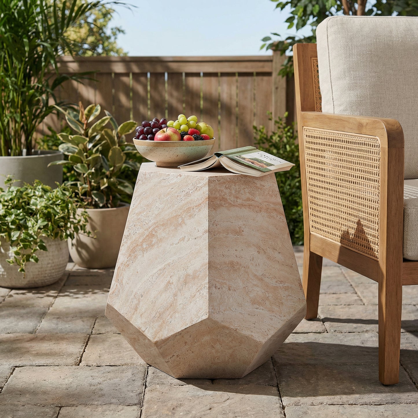 Outdoor/Indoor Lightweight Concrete Side Table,Hexagonal Round Travertine Accent Table image 2