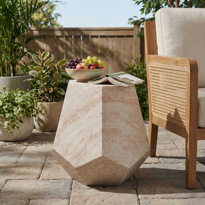 Outdoor/Indoor Lightweight Concrete Side Table,Hexagonal Round Travertine Accent Table image 2
