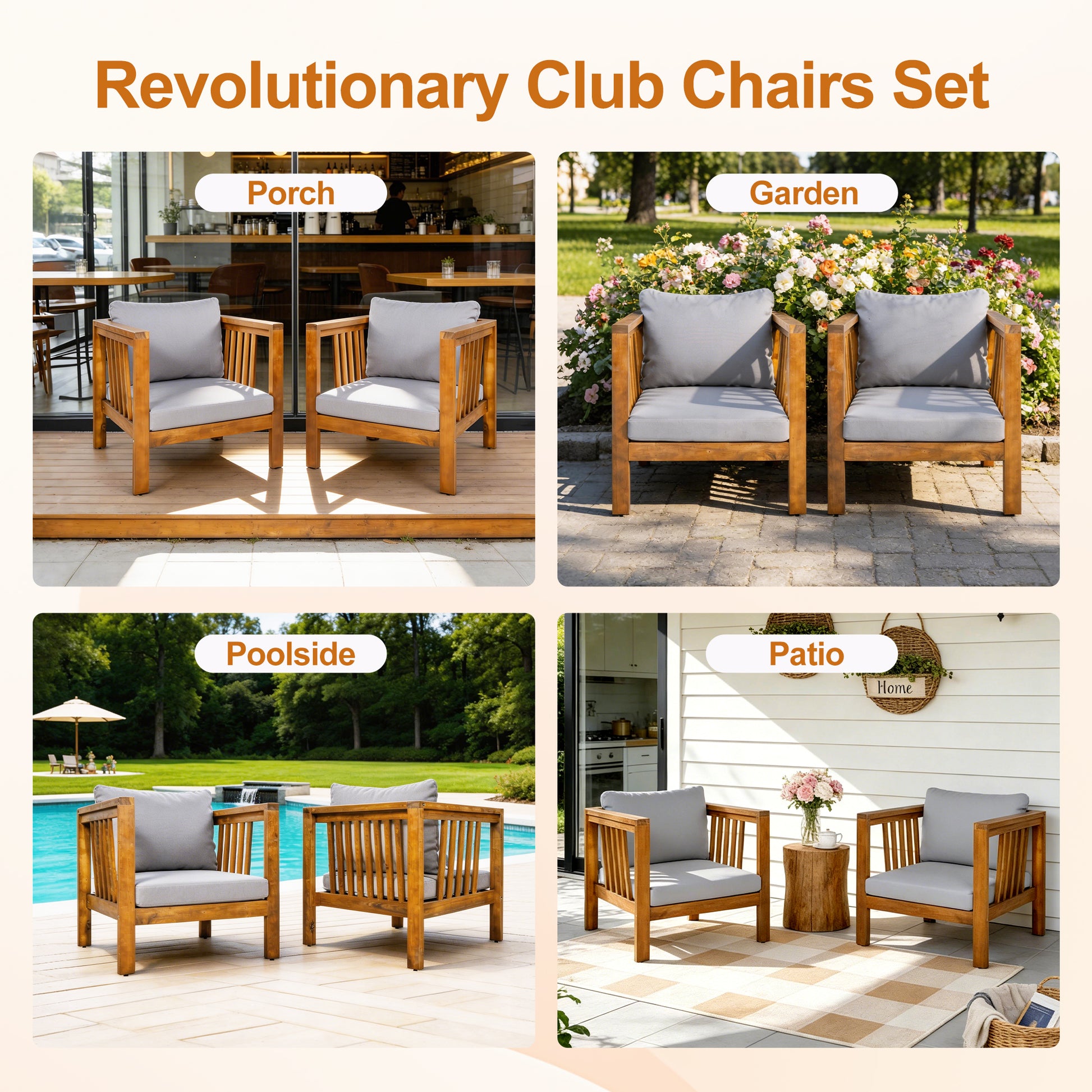 Outdoor Acacia Wood Club Chair with Modern Square Arms, Patio Chair with Thick Cushion, Adjustable Leveling Feet for Poolside, Backyard & Deck, Grey Cushion image 7