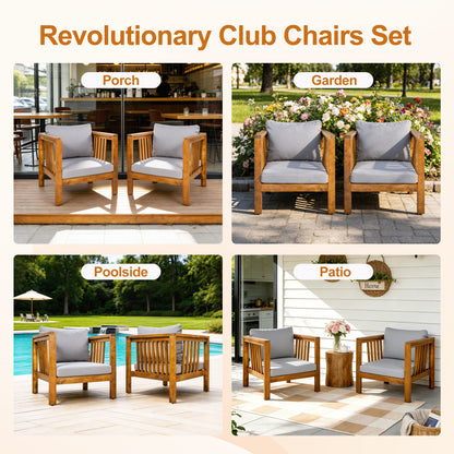 Outdoor Acacia Wood Club Chair with Modern Square Arms, Patio Chair with Thick Cushion, Adjustable Leveling Feet for Poolside, Backyard & Deck, Grey Cushion image 7