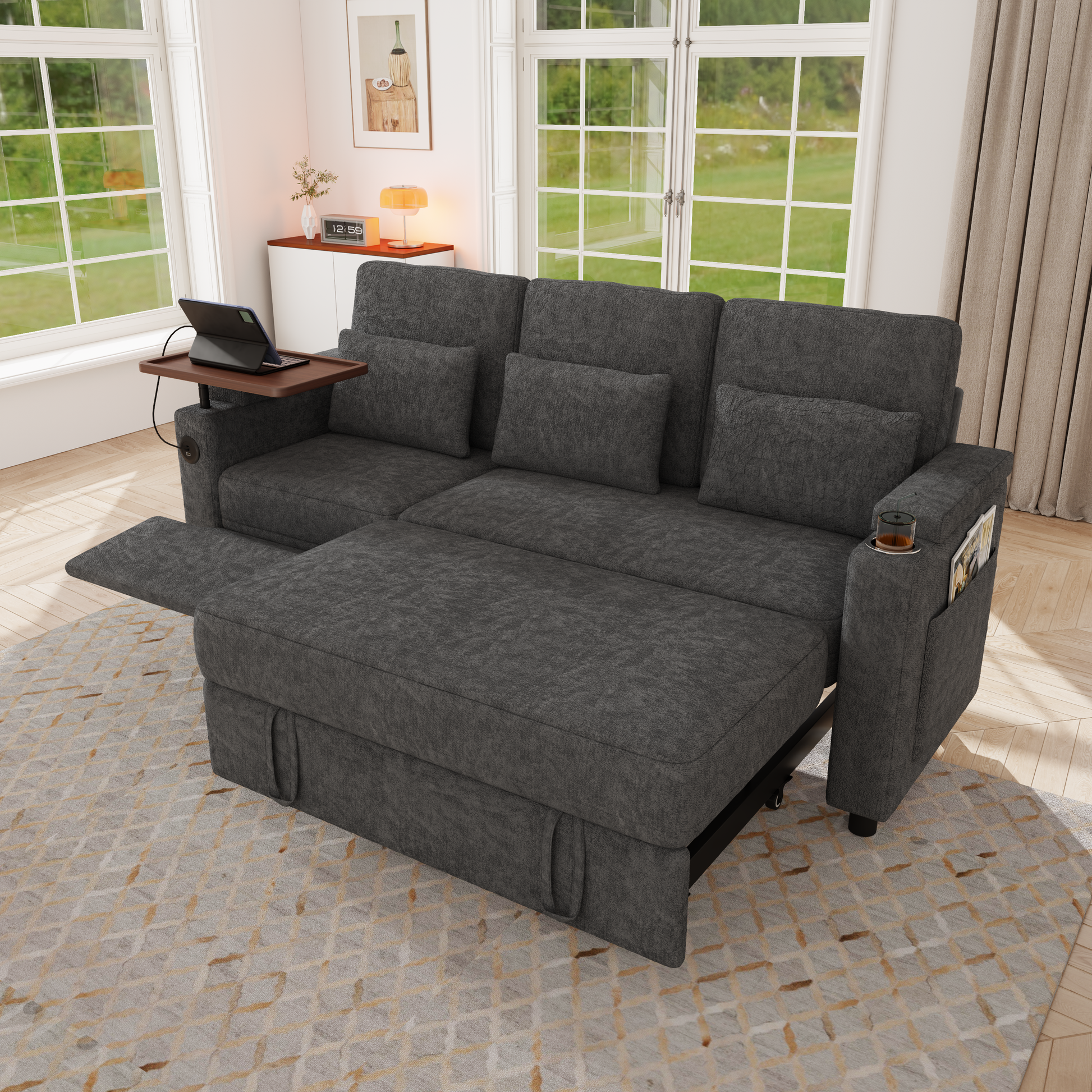 81-inch 3-in-1 foldable three-person sofa bed with a table board and USB ports, armrests with storage function. High-quality chenille three-person sofa. The sofa bed features adjustable backrest and p image 5