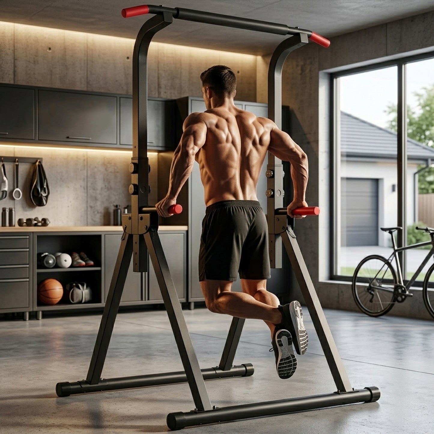 Foldable Pull Up Bar Standing Power Tower - Multi-Function Dip Station, 6-Level Adjustable Height Strength Training Fitness Equipment for Home Gym, 440lbs Max image 8