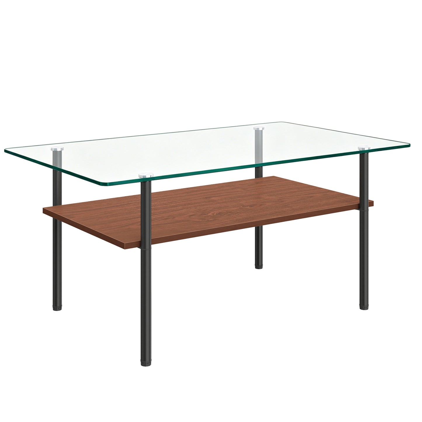 Modern glass coffee table for living room, rectangular tempered glass top, black metal legs with wooden shelf. Easy to clean, stylish center table 38.6 × 22.8 × 17.7 inches image 11