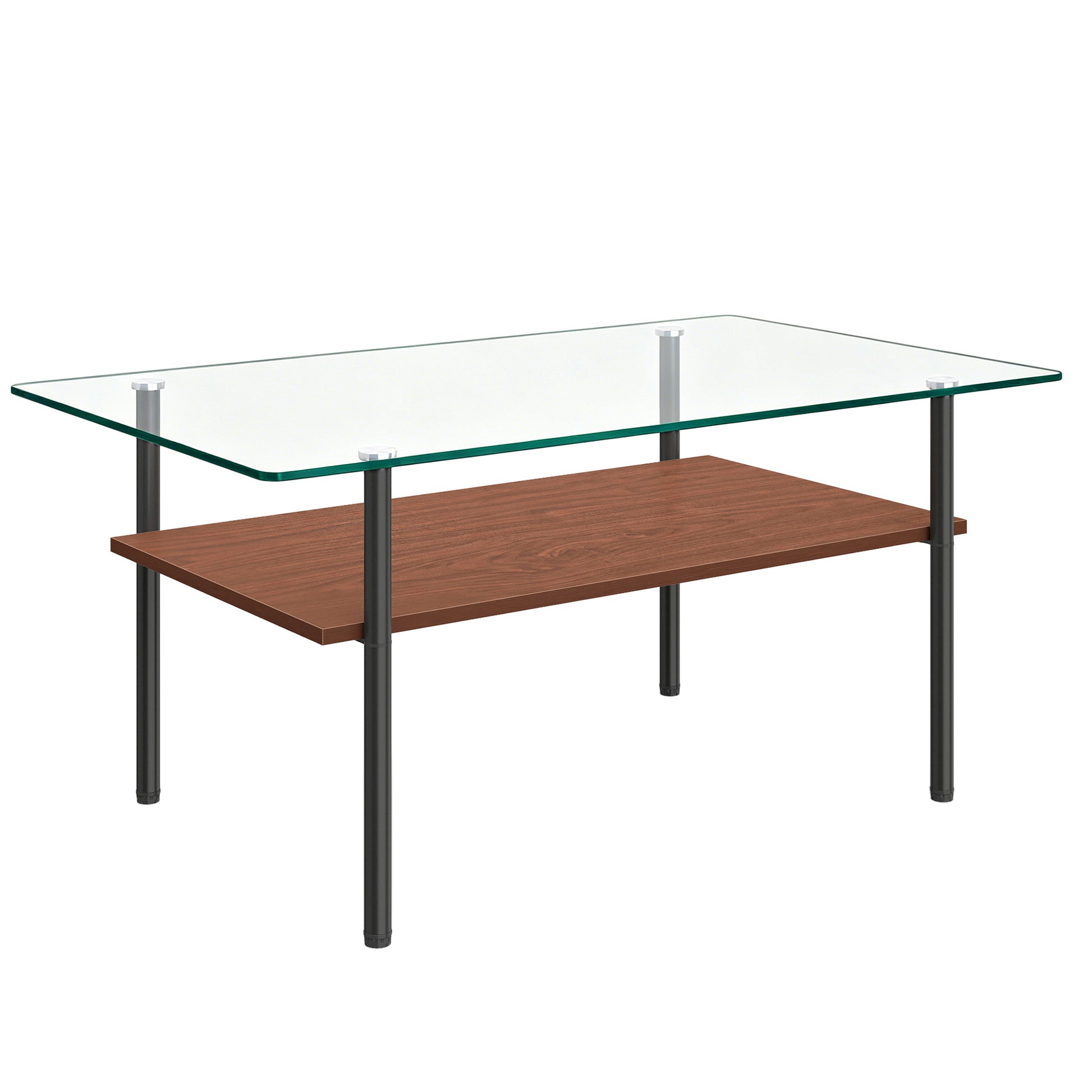 Modern glass coffee table for living room, rectangular tempered glass top, black metal legs with wooden shelf. Easy to clean, stylish center table 38.6 × 22.8 × 17.7 inches image 11