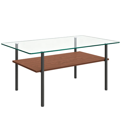 Modern glass coffee table for living room, rectangular tempered glass top, black metal legs with wooden shelf. Easy to clean, stylish center table 38.6 × 22.8 × 17.7 inches image 11