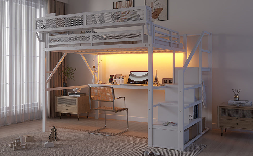 Queen Loft Bed with Desk and Charging Station, Queen Size Metal Loft Bed with Stairs and Light for Kids Teens,White(Old SKU W2580S00033) image 8