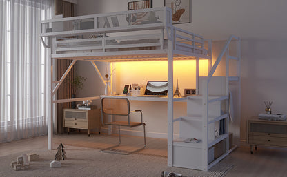 Queen Loft Bed with Desk and Charging Station, Queen Size Metal Loft Bed with Stairs and Light for Kids Teens,White(Old SKU W2580S00033) image 8
