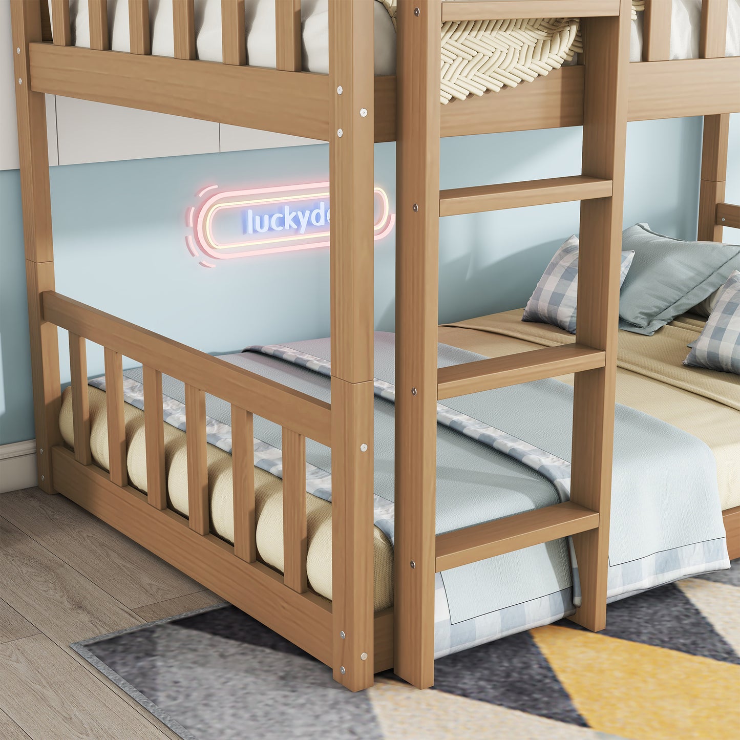 Twin Size Triple Rubber Wood Bunk Bed, with Ladders, Guardrails Detachable Bunk Bed, Twin over Twin over Twin,Natural image 7