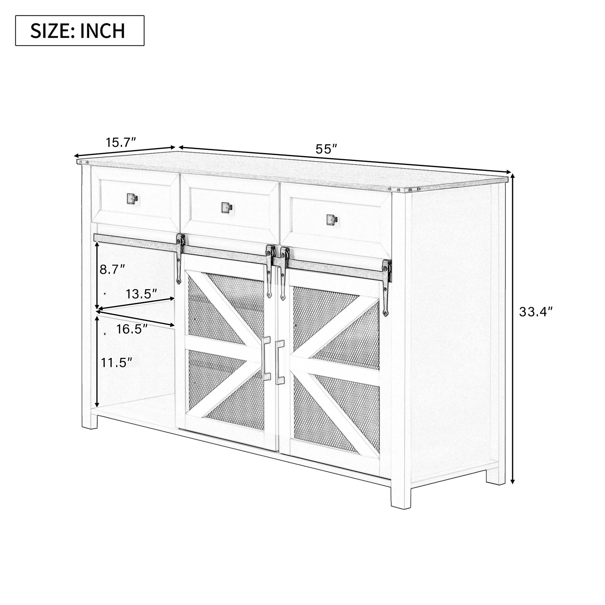 U_Style 55'' Sliding Barn Door Sideboard Buffet Cabinet with 3 Drawers, Adjustable Shelves, Metal Mesh & Particleboard Doors, Aluminum Handles, Industrial Storage for Living or Dining Room image 4