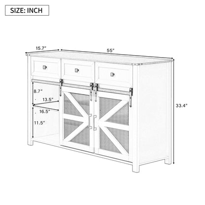 U_Style 55'' Sliding Barn Door Sideboard Buffet Cabinet with 3 Drawers, Adjustable Shelves, Metal Mesh & Particleboard Doors, Aluminum Handles, Industrial Storage for Living or Dining Room image 4