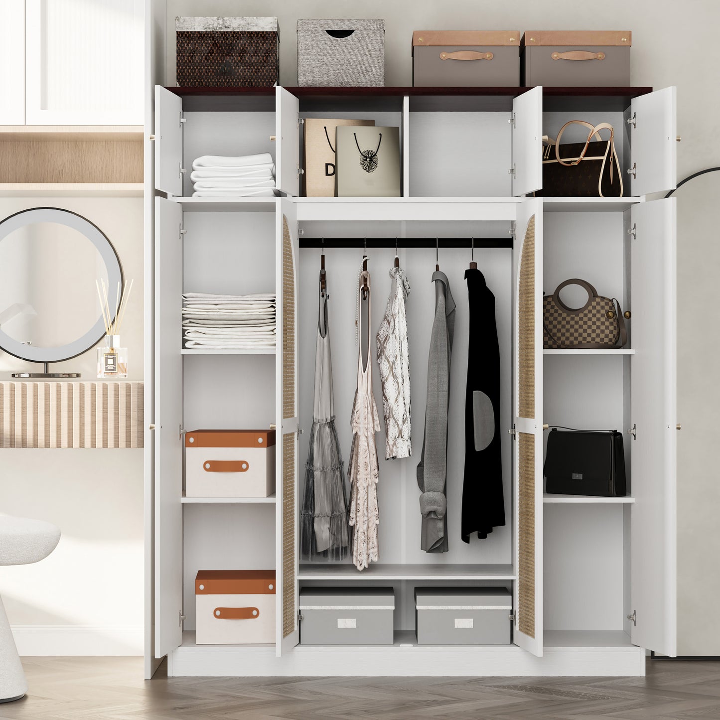 70.87"Tall 8-Door Large Capacity Armoire Wardrobe Closet with Hanging Rod, Adjustable Shelves and Rattan Decorative Doors, Clothing Storage Cabinet for Bedroom, walk-in closet, Living Room, White image 4