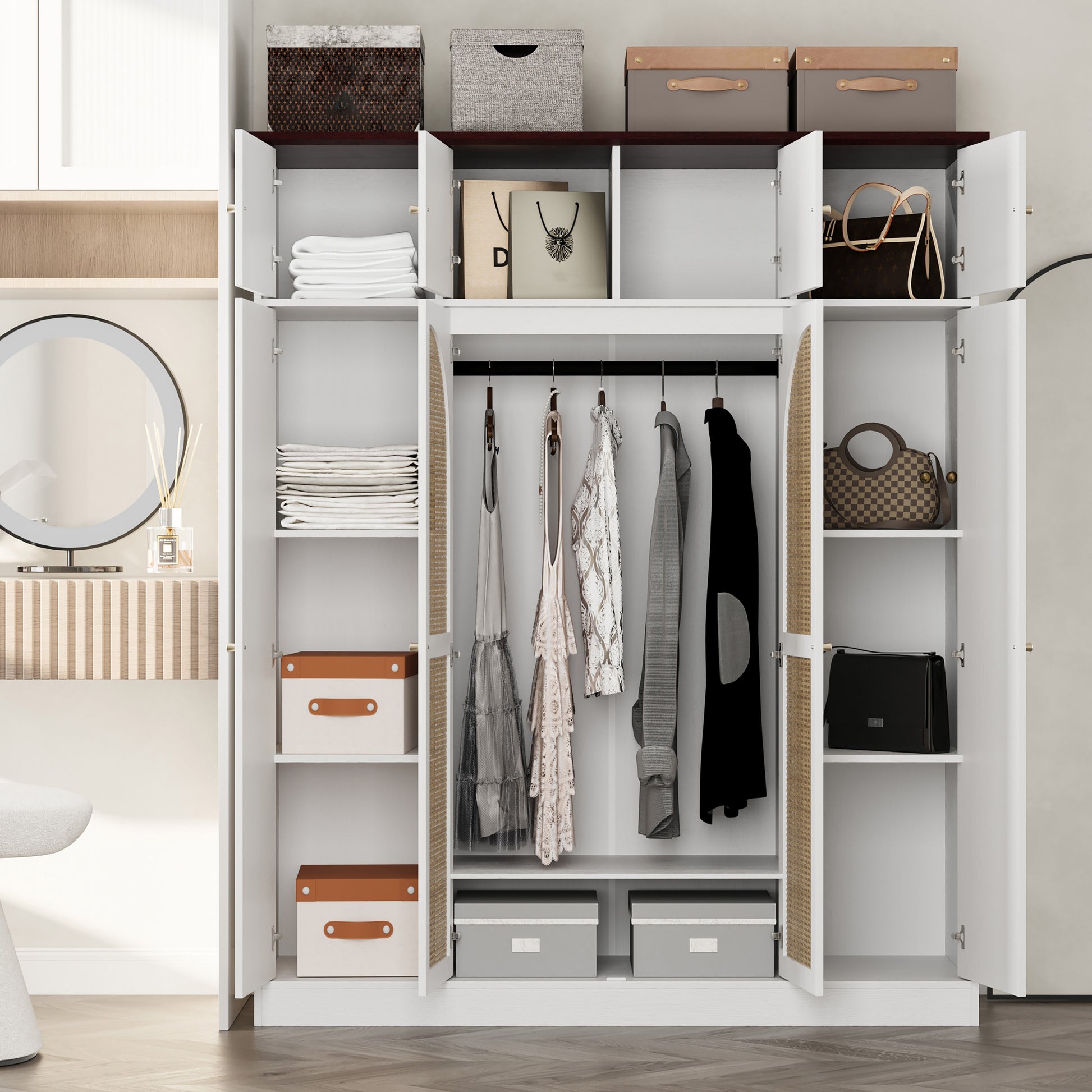 70.87"Tall 8-Door Large Capacity Armoire Wardrobe Closet with Hanging Rod, Adjustable Shelves and Rattan Decorative Doors, Clothing Storage Cabinet for Bedroom, walk-in closet, Living Room, White image 4
