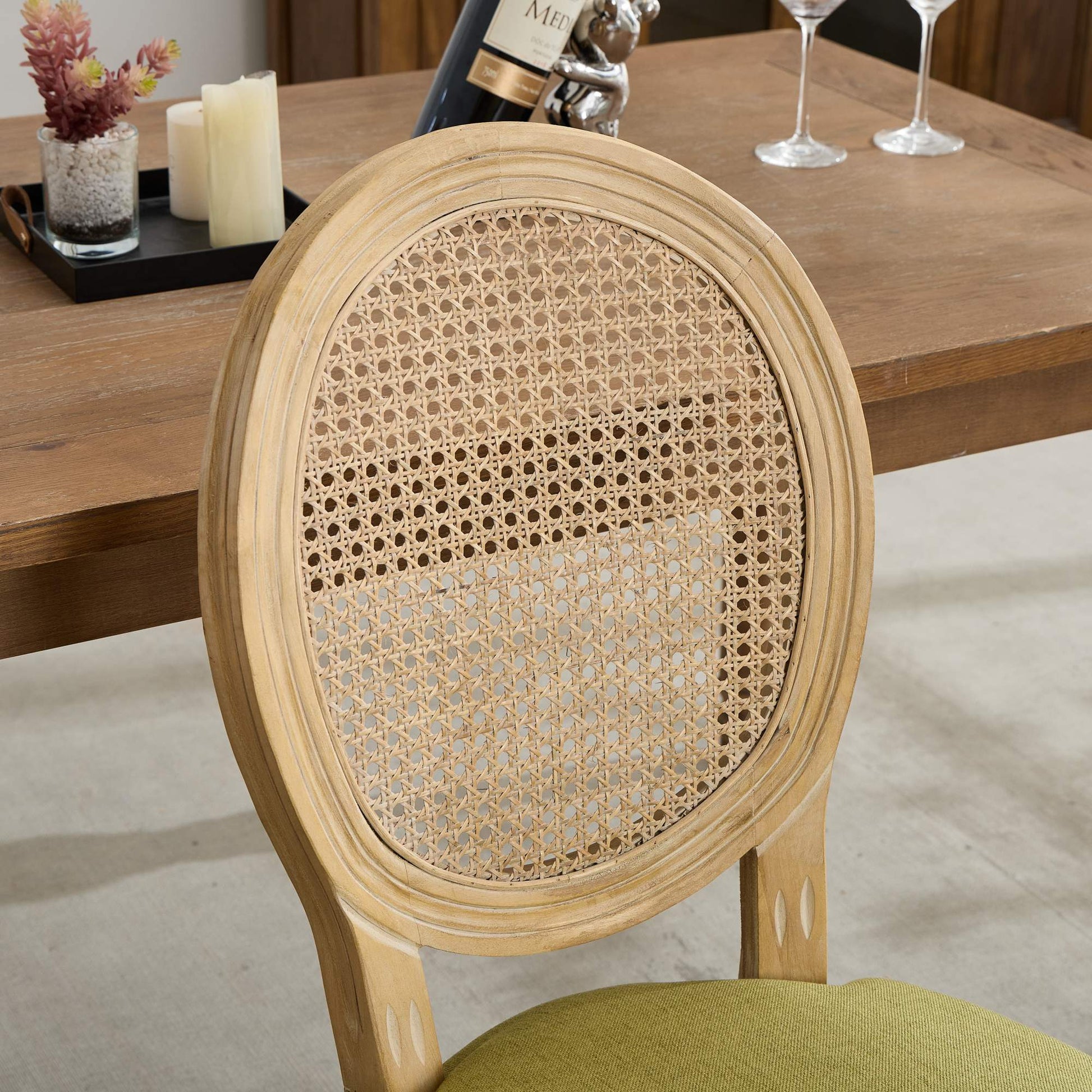 A&A Furniture,French Style Solid Wood Frame Antique Painting Linen Fabric Rattan Back Dining Chair,Set of 2,Olive-Green image 10